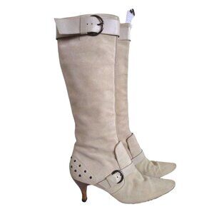 Tods Womens Cream White Suede Leather Knee High Pointed Toe Heel Boots Size 6.5